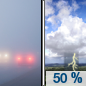 Wednesday: A 50 percent chance of showers and thunderstorms after 1pm.  Areas of fog before 9am.  Otherwise, mostly sunny, with a high near 88. Calm wind becoming south southeast around 5 mph. 