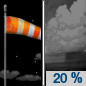 Friday Night: Isolated showers after midnight.  Partly cloudy, with a low around 23. Breezy, with a northeast wind 24 to 29 km/h, with gusts as high as 37 km/h.  Chance of precipitation is 20%.
