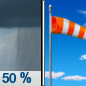 Thursday: Scattered showers before noon.  Mostly sunny, with a high near 77. Breezy, with a north northwest wind 13 to 20 mph, with gusts as high as 26 mph.  Chance of precipitation is 50%. New precipitation amounts of less than a tenth of an inch possible. 